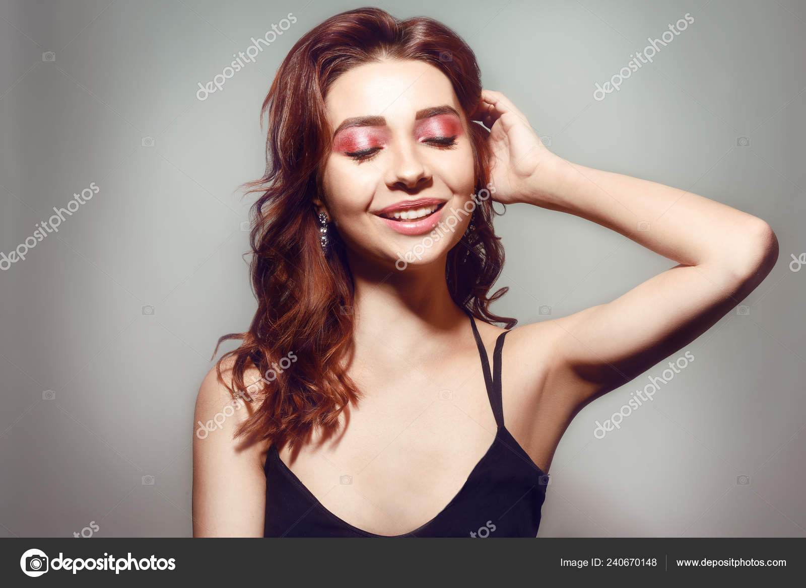 Beautiful Caucasian Woman Short Brown Curly Hair Portrait Pretty