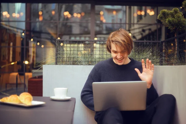 Man Drinking Cup Coffee Restaurant Terrace Traveler Outdoor Laptop Has — Stock Photo, Image