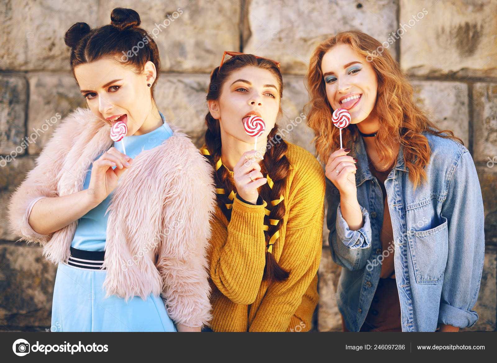 Three Beautiful Girls Models Eat Lollipops Girlfriends