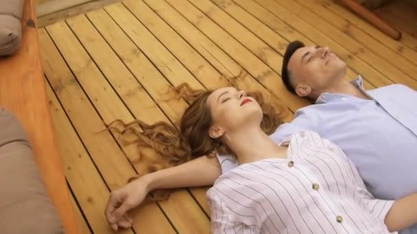 Young Couple Lying Deck Moving Ship Summer Day Girl Long — Stock Video