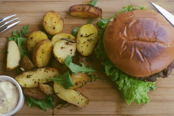 Meat Burger Fries Mayonnaise Potatoes Wooden Board Restaurant Dish Food — Stock Photo, Image