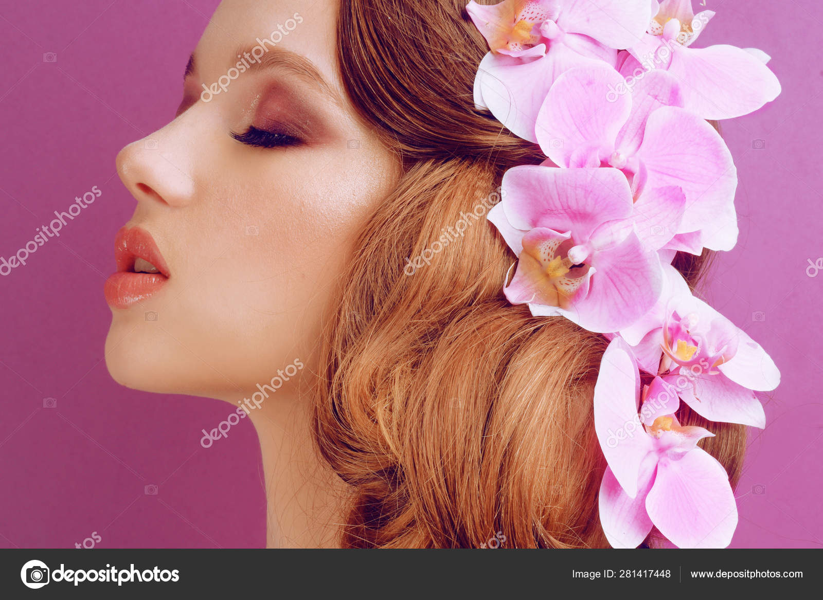 Brunette Pink Background Girl Professional Make Hairstyle Hair
