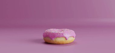 Pembe arka planda donut pembesi, kahvaltı, şekerler. 3B görüntüleme