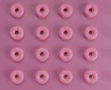 Pembe arka planda donut pembesi, kahvaltı, şekerler. 3B görüntüleme