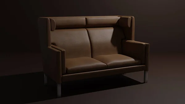 棕色皮革沙发 柔软的沙发高背 在工作室的棕色背景 3D渲染 — 图库照片