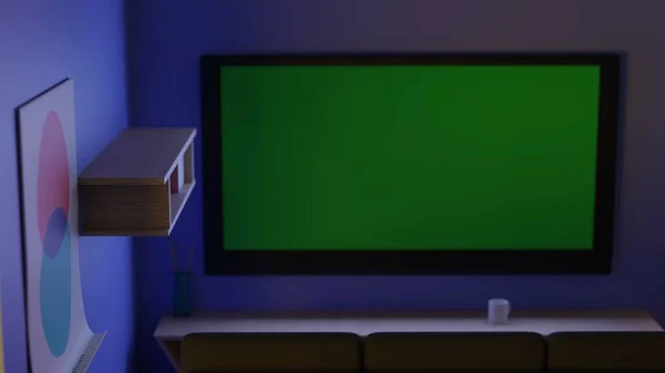Zimmer Zimmer Mit Tisch Fernseher Mit Grünem Bildschirm Regal Poster — Stockfoto