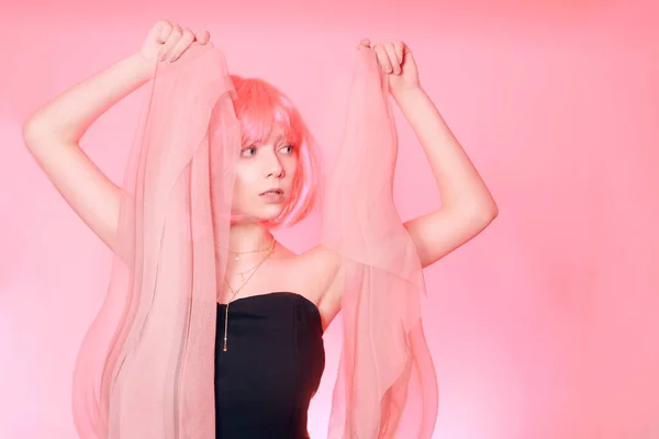 Girl Pink Hair Brown Hair Model Pink Long Dress Flying — Stock Photo, Image