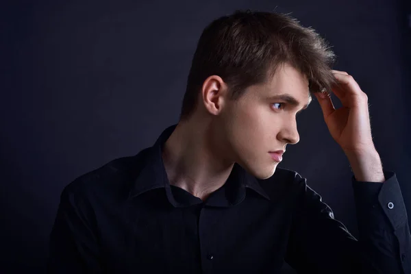 Studio Portrait Guy Black Shirt Black Background Handsome Young Guy — Stock Photo, Image