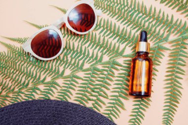 Çıplak arka planda tropikal bir ağacın yaprakları. Güneş gözlüğü ve cilt yağlı şapka. Yazın dinlenme ve seyahat kavramı..