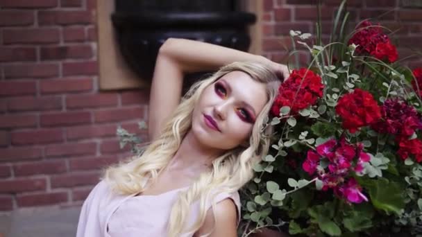 Una Hermosa Dama Rubia Vestido Largo Rosa Sienta Castillo Cerca — Vídeos de Stock