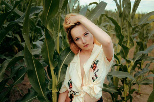 Modefoto Eines Mädchens Einem Maisfeld Blond Der Natur Landwirtschaft Gesundheit — Stockfoto