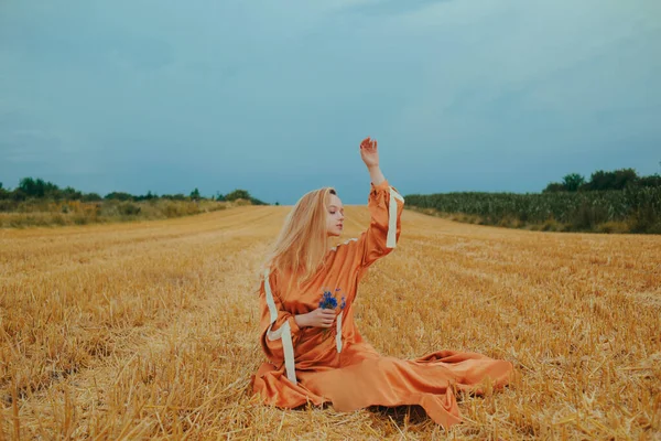 Una Hermosa Chica Vestido Sienta Campo Trigo Fabulosa Foto Una — Foto de Stock