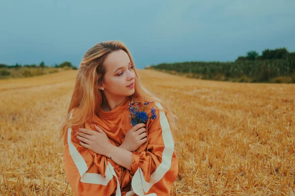 Uma Menina Bonita Vestido Senta Campo Trigo Retrato Conto Fadas — Fotografia de Stock