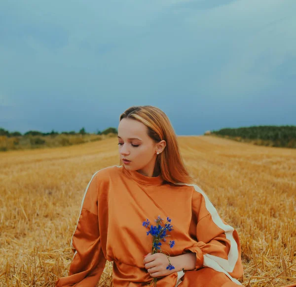 Una Hermosa Chica Vestido Sienta Campo Trigo Fabulosa Foto Una — Foto de Stock