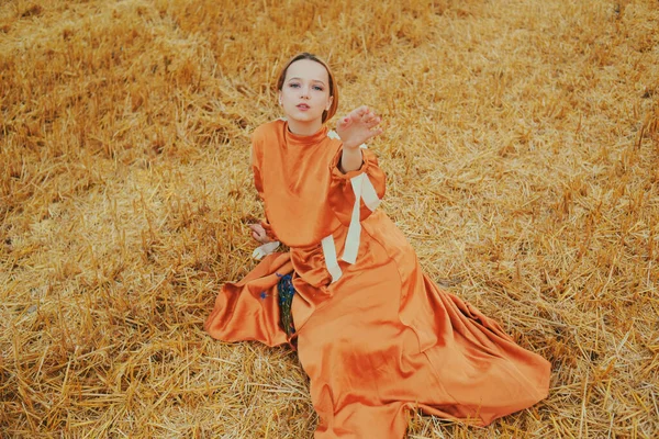 Nádherná Dívka Dlouhých Šatech Sedí Pšeničném Poli Blondýny Pózují Pro — Stock fotografie