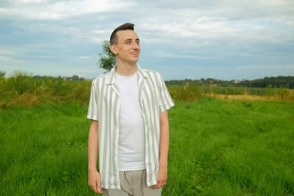 Fashionably Dressed Guy Walking Field City Man Breathes Fresh Air — Stock Photo, Image