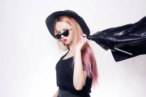Girl Pink Hair Glasses Hat Black Clothes Leather Jacket Black — Stock Photo, Image