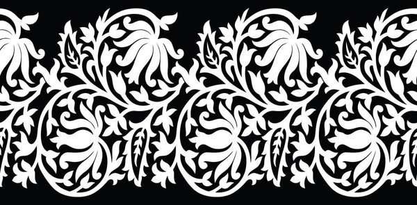 Seamless black and white lotus flower border