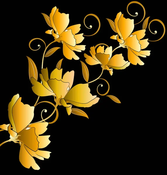 Golden Floral Bunch Black Background — Stock Vector