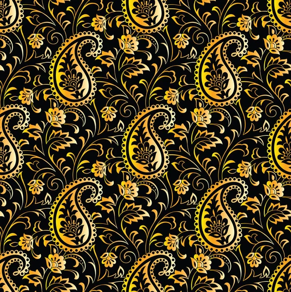 Senza Soluzione Continuità Luminoso Giallo Paisley Carta Parati Sfondo Nero — Vettoriale Stock