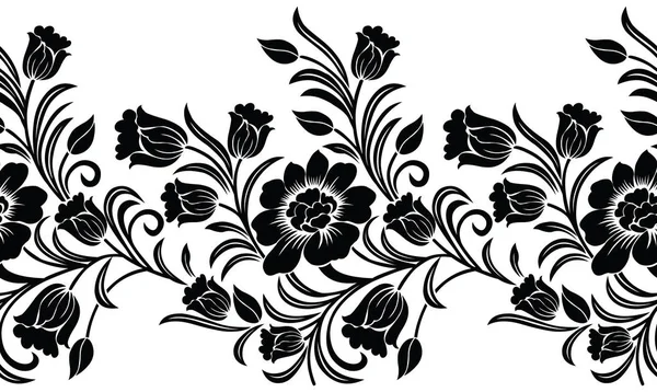 シームレスな黒と白の花のボーダーデザイン — ストックベクタ