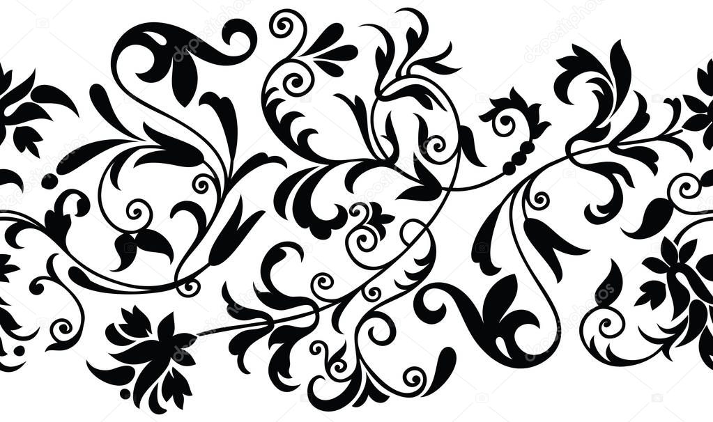 Seamless black and white textile floral border