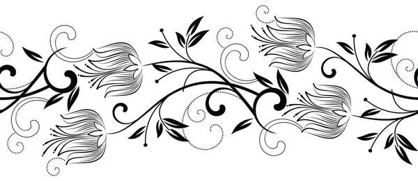 シームレスな白黒花柄ボーダー — ストックベクタ