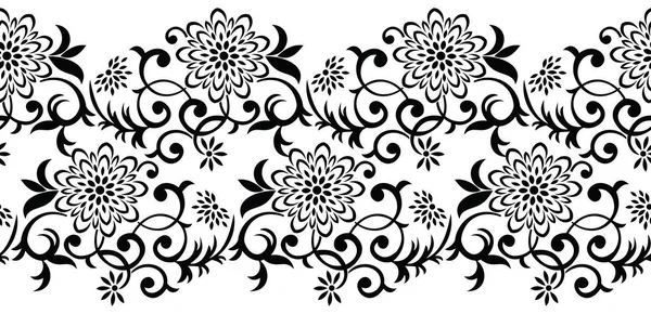 シームレスな黒と白のビンテージ花ボーダー — ストックベクタ