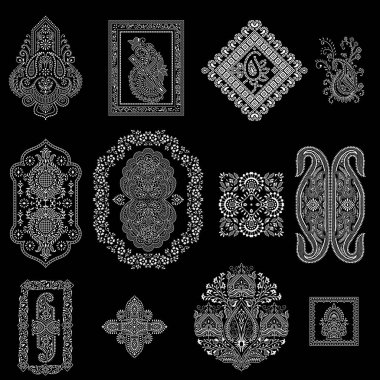 Siyah ve beyaz vintage Tekstil motifleri kümesi