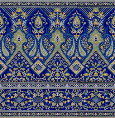 Dikişsiz mavi geleneksel Hint tekstil Paisley sınır