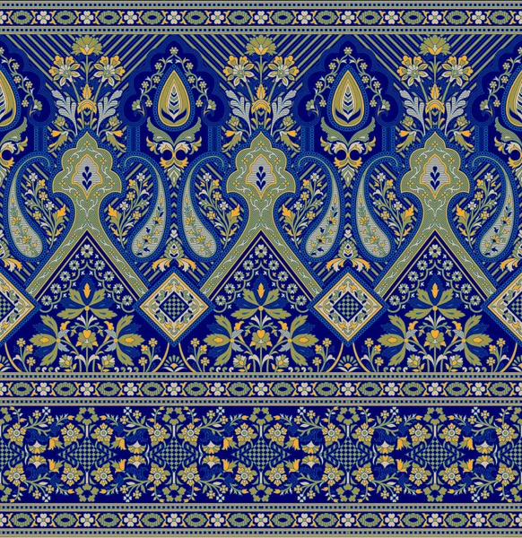 Bezszwowa Niebieska Tradycyjna Indyjska Tekstylna Granica Paisley — Zdjęcie stockowe