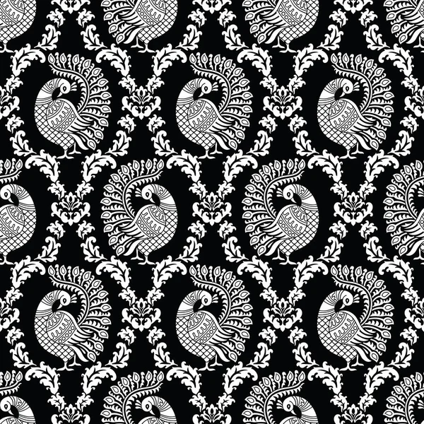 シームレスな黒と白の伝統的なインドの孔雀のパターン — ストックベクタ