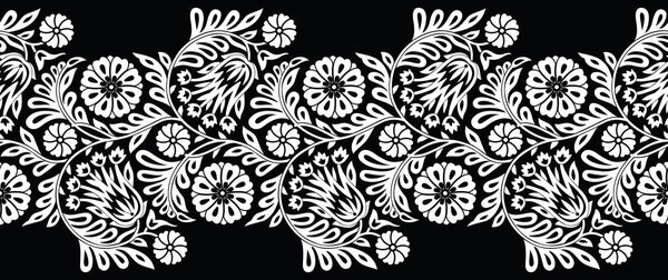 Seamless black and white vintage floral border