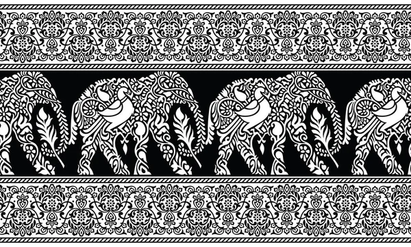 Seamless traditional indian black and white elephant border — Stock Vector