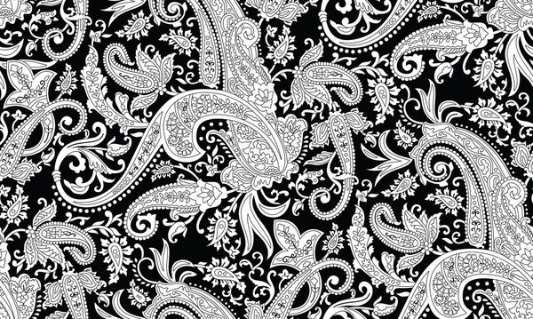 Padrão paisley indiana tradicional preto e branco sem costura — Vetor de Stock