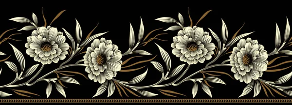 Seamless textile floral border on black background