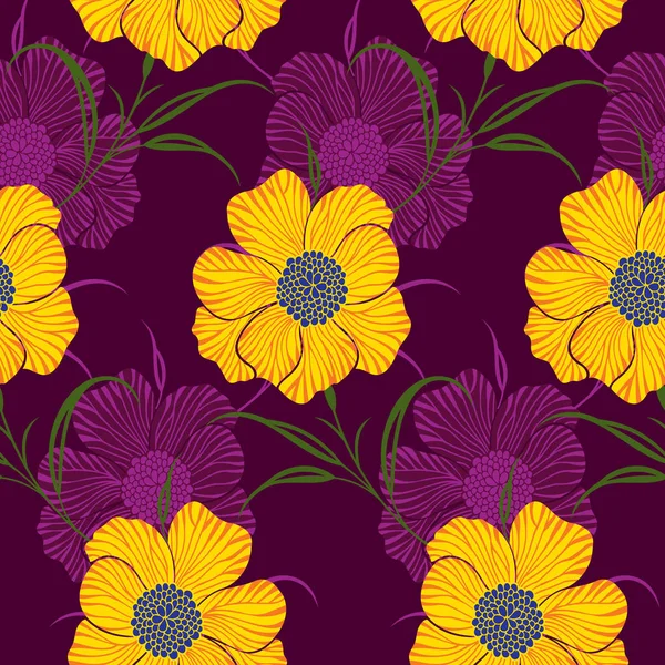 Bezproblémové textilní květinové vzory na černém pozadí — Stockový vektor