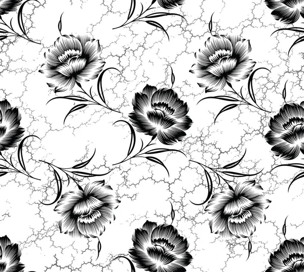 Patrón floral blanco y negro sin costuras con fondo grueso — Vector de stock