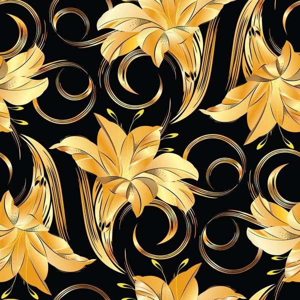 Nahtlose goldene Vintage-Blumenmuster auf schwarzem Hintergrund — Stockvektor