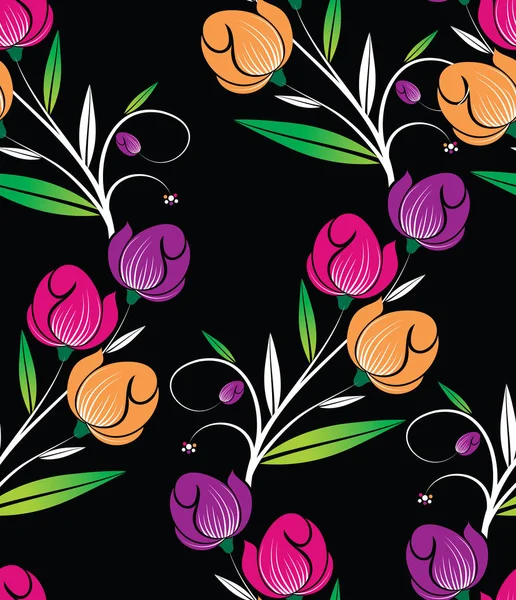 Seamless cute tulip floral pattern on black background — Stock Vector