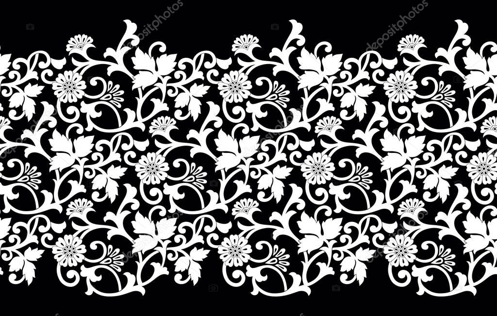 Seamless black and white vintage floral border design