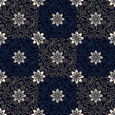 Koyu arkaplanda kusursuz Asya tekstil çiçek deseni var.