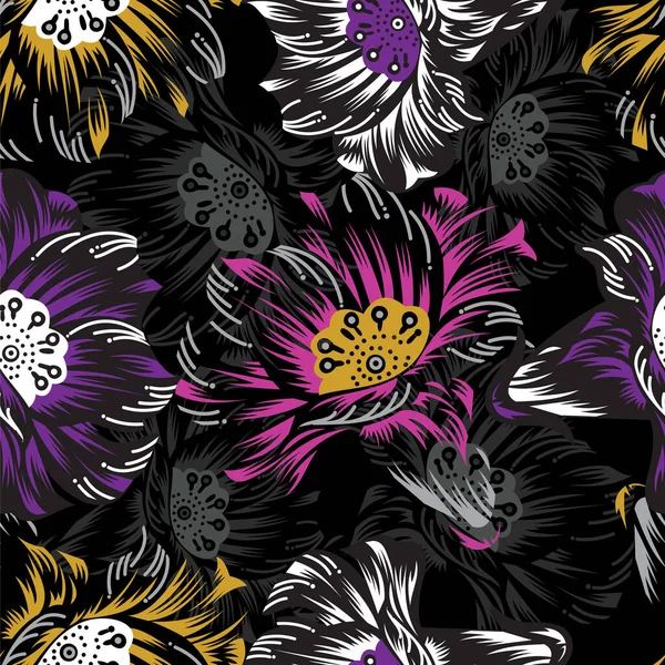 Motif Floral Néon Sans Couture Sur Fond Noir — Image vectorielle