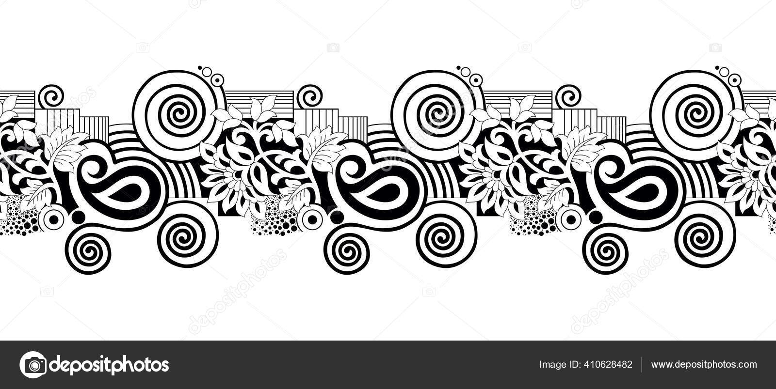 Seamless Black White Paisley Border Geometrical Shapes Vector Image By C Malkani Vector Stock 410628482