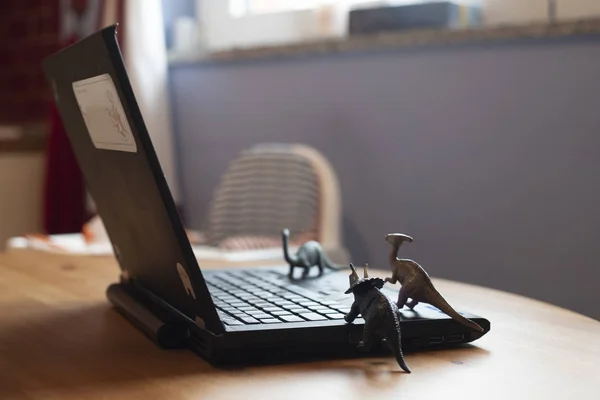 Seyir vasıl belgili tanımlık perde gibi görünüyor küçük dinozor oyuncakları ile ahşap masa üstünde açık laptop. Doğal ışık.