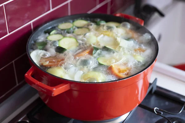 Red Pot Boiling Vegetable Soup Stove Foam Bubbles Side View — Stock Photo, Image