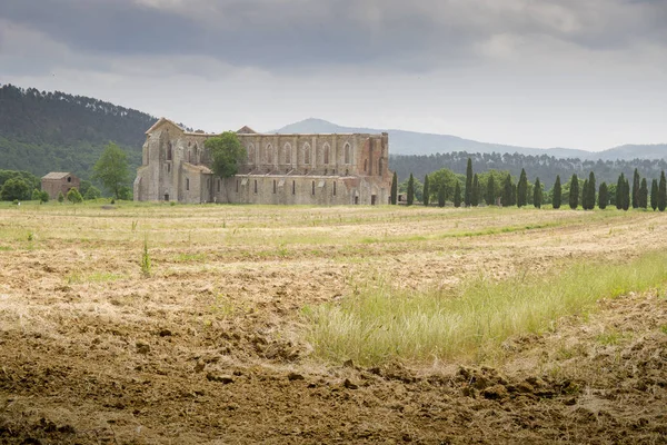 Veduta a distanza dell'abbazia di san galgano nei campi . — Foto Stock