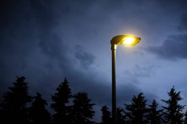Alacakaranlıkta aydınlık sokak lambası, kasvetli mavi gökyüzü, arka planda ağaçların siluetleri ve yağmur yağıyor. Solunda kopyalama alanı olan kasvetli ve ürkütücü arkaplan.