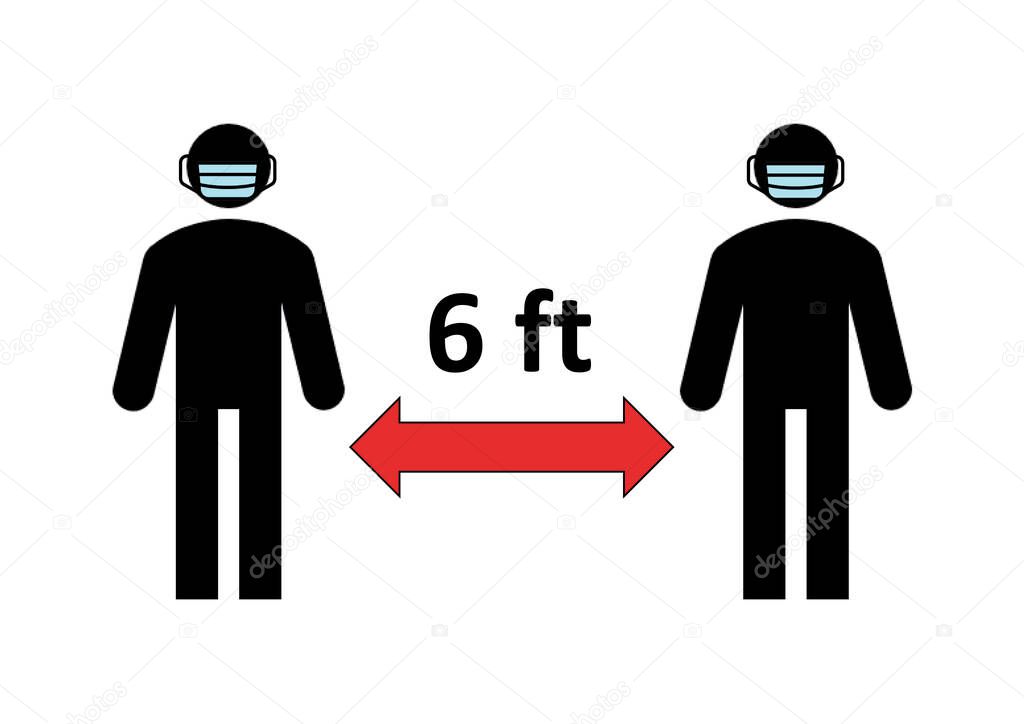 Symbol of the distance between 2 people to avoid covid-19 contagion during the 2020 coronavirus pandemic (6 feet). Wearing face mask is mandatory, obligation. Social distancing example, warning sign.