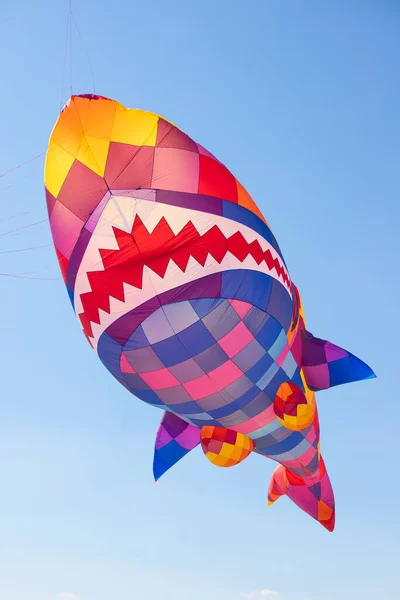 Big Colorful Shark Kite Flying Blue Sky — Stock Photo, Image